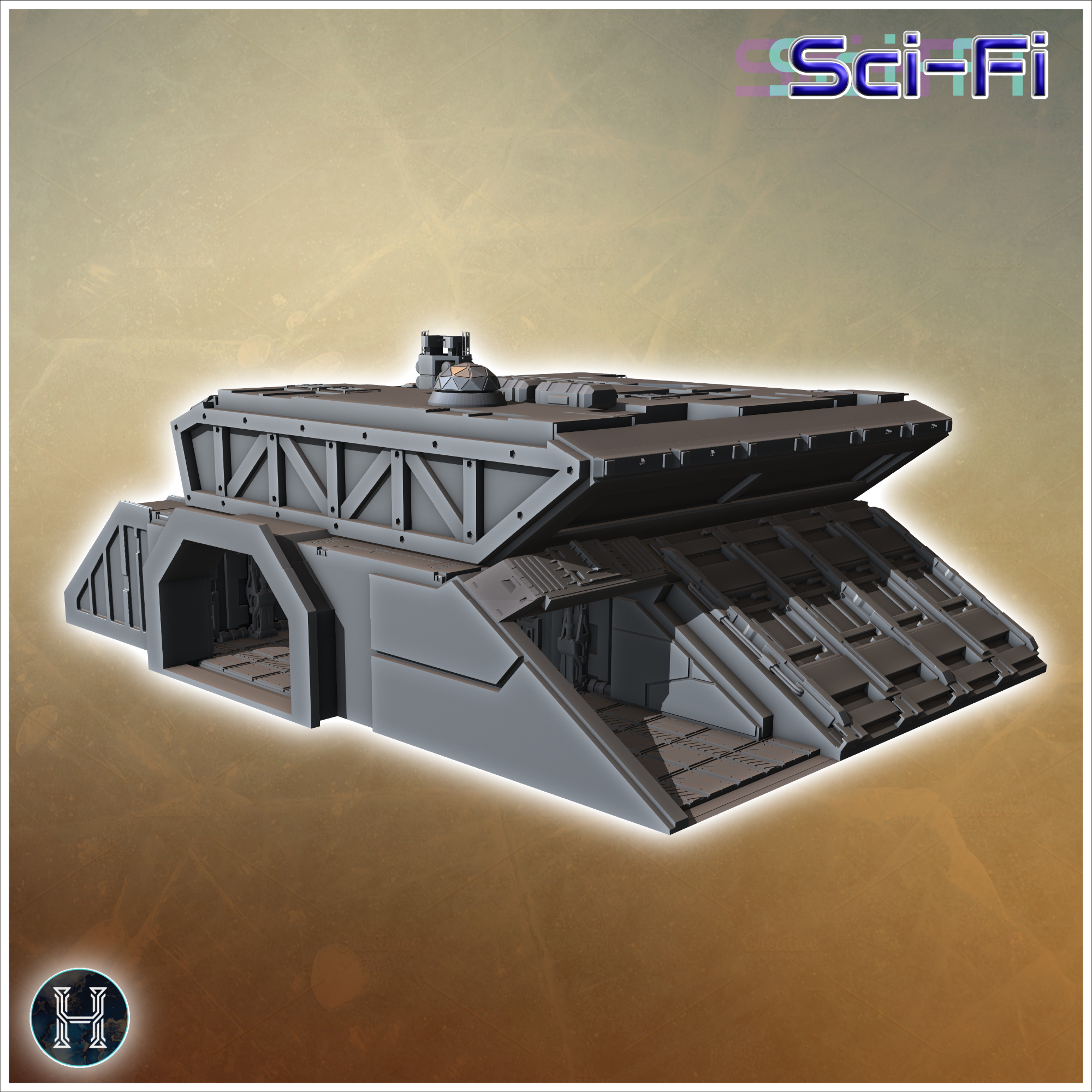 Reinforced bunker-like structure with retractable roof and heavy-duty entrances (11) - Future Sci-Fi SF Post apocalyptic Tabletop Scifi Wargaming Planetary exploration RPG Terrain